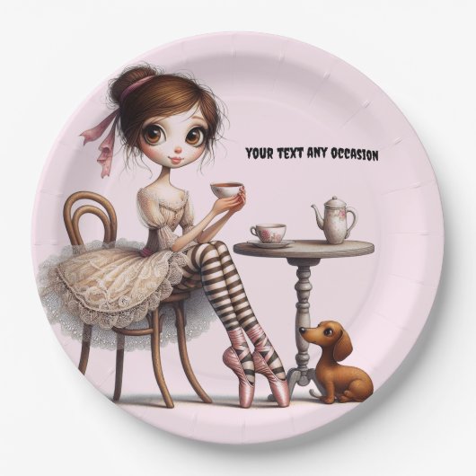 Lang mager breed ogend primitief meisje papieren bordje (Voorkant)