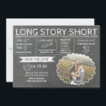 Lang verhaal kort | Financiering | De foto bewaart Save The Date<br><div class="desc">Een grappige foto die de datumkaart ""Long Story Short" opslaat in een tekenstijl op het bord - een unieke manier om uw bruiloft aan te kondigen</div>
