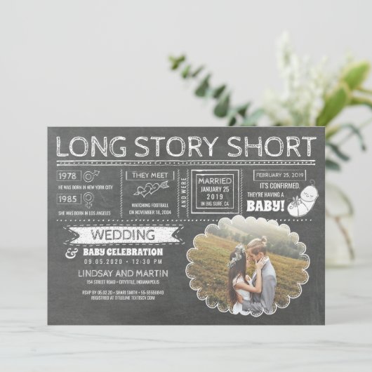 Lang verhaal kort | Huwelijksfeest en Baby feest Save The Date (Staand voorkant)
