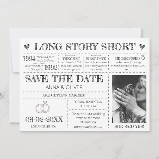 Lang verhaal Korte bruiloft Bewaar de datum Foto Kaart (Voorkant)