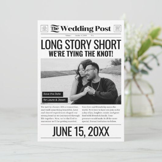 Lang verhaal Korte bruiloft Bewaar de datum Krant Feestdagenkaart (Staand voorkant)