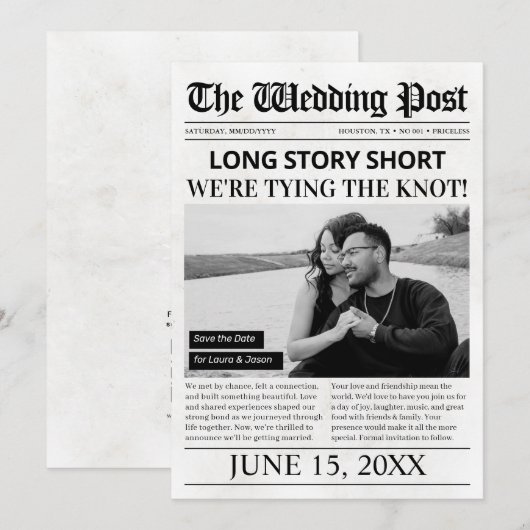 Lang verhaal Korte bruiloft Bewaar de datum Krant Feestdagenkaart (Voorkant / Achterkant)