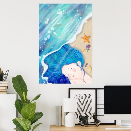 Langbladige engel die op het strand slapen is poster (Thuiskantoor)