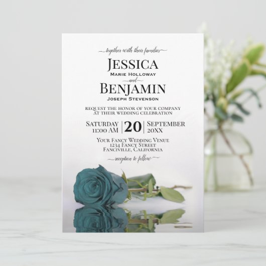 Langdurig Blauwgroen Turquoise Roos Elegant Weddin Kaart (Staand voorkant)