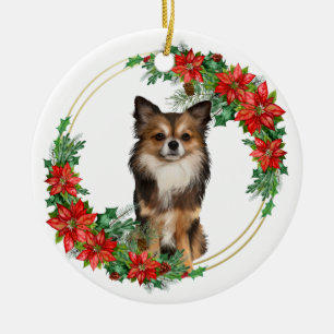 LANGDURIGE CHIHUAHUA DOG MET POINTSETTIA WREATH KERAMISCH ORNAMENT