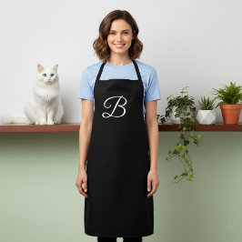 Lange effen zwarte apron met monogram schort