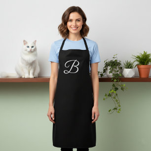 Lange effen zwarte apron met monogram schort