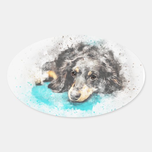 Lange Haar Dachshund Ovale Stickers (Voorkant)