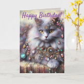 Lange Haar Kat Juwelen Gepersonaliseerde Verjaarda Kaart (Gele Bloem)