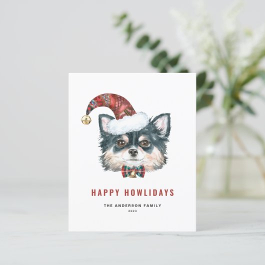 Lange Haired Chihuahua Happy Howlidays Kaart (Staand voorkant)