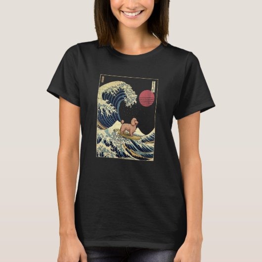 Lange Haired Dachshund Japans Kanagawa Wave Surf T-shirt (Voorkant)