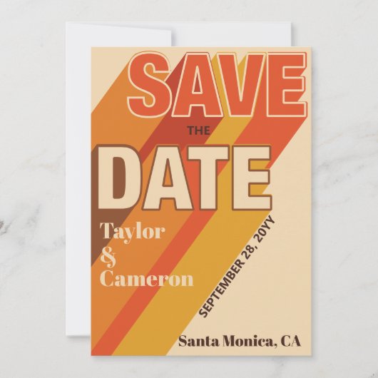 Lange schaduw Groovy Sinaasappel en bruine bruilof Save The Date (Voorkant)