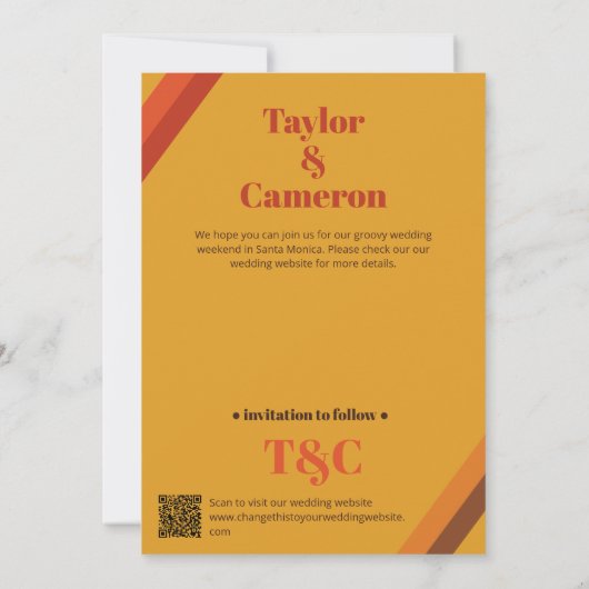 Lange schaduw Groovy Sinaasappel en bruine bruilof Save The Date (Achterkant)