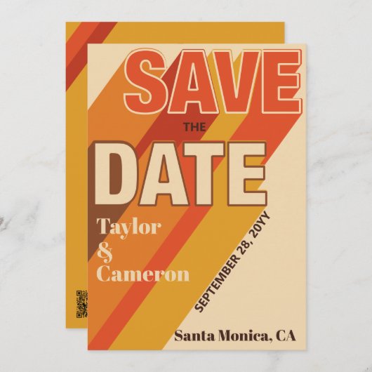 Lange schaduw Groovy Sinaasappel en bruine bruilof Save The Date (Voorkant / Achterkant)