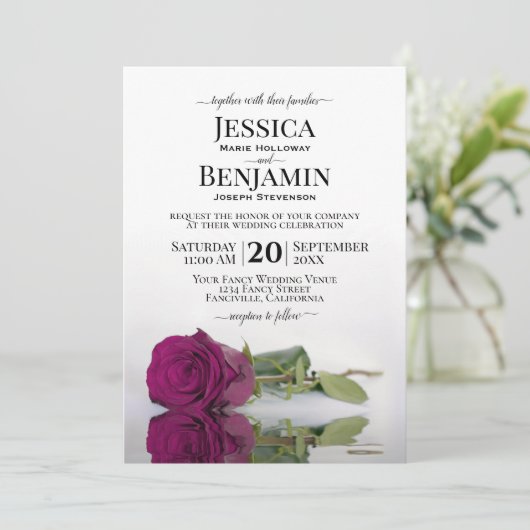 Lange Stemmed Cassis Paars Roos Elegant Wedding Kaart (Staand voorkant)