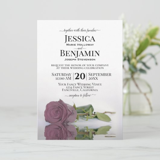 Lange Stemmed Dusty Mauve Roos Elegant Wedding Kaart (Staand voorkant)