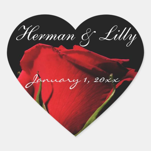 Lange Stemmed Red Rose gepersonaliseerde bruiloft Hart Sticker (Voorkant)