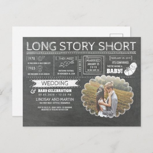 Lange Verhaal Kort Huwelijks- En Babyfeest Aankondigingskaart (Voorkant / Achterkant)