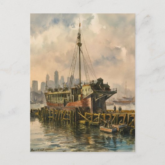 Lange Wharf Boston Ship Waterverf schilderij Briefkaart (Voorkant)