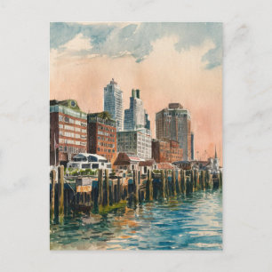 Lange Wharf Boston  Waterverf schilderij Briefkaart