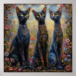 Lange zwarte katten tussen bloemen esthetiek poster