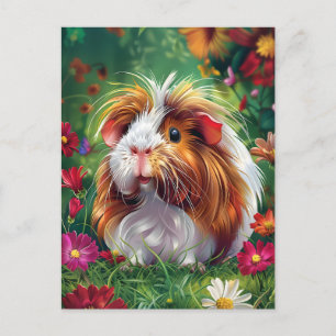 langharige cavia tussen de bloemen briefkaart