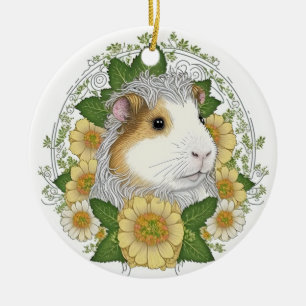 Langharige cavia's en bloemen keramisch ornament