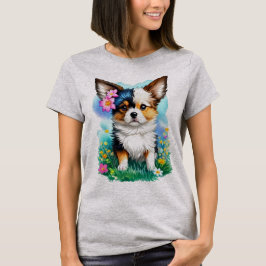 Langharige Chihuahua Bloemrijke Waterverf Tuin T-shirt