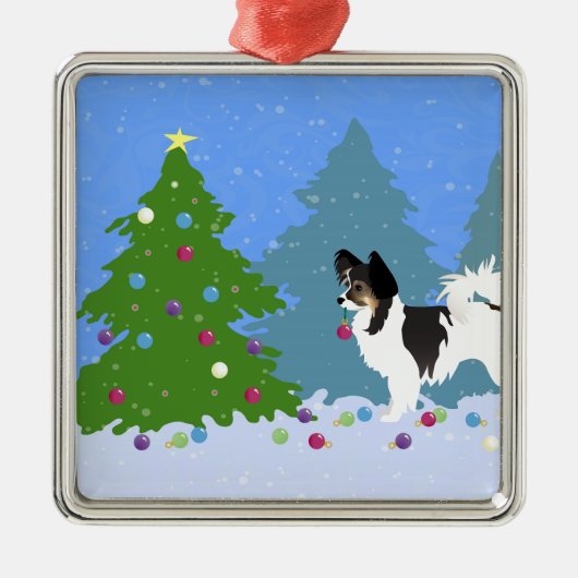 Langharige Chihuahua of Papillon Decorating Tree Metalen Ornament (Voorkant)