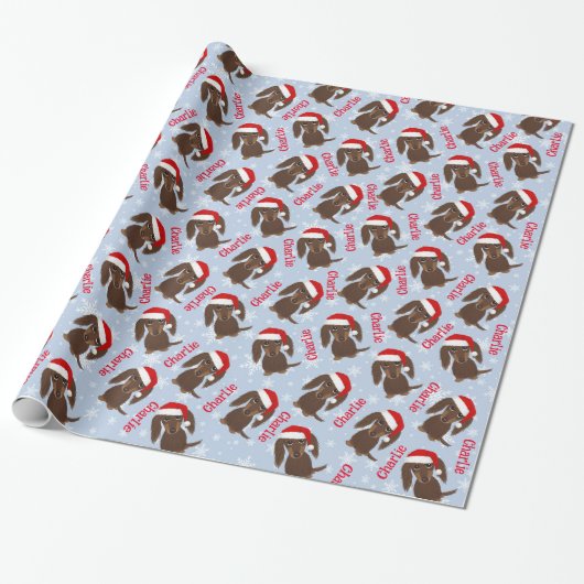 Langharige Chocolade Dachshund Kerstmis Custom Cadeaupapier (Uitgerold)