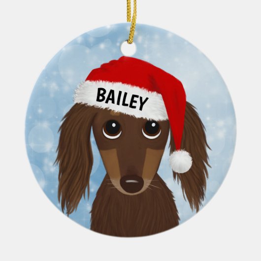 Langharige Chocolade Dachshund Santa Aangepaste Na Keramisch Ornament (Voorkant)
