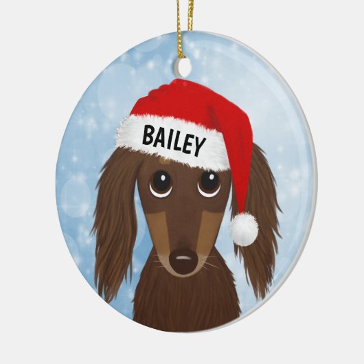 Langharige Chocolade Dachshund Santa Aangepaste Na Keramisch Ornament (Links)