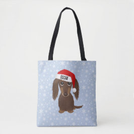 Langharige Chocolade Dachshund Santa Aangepaste Na Tote Bag
