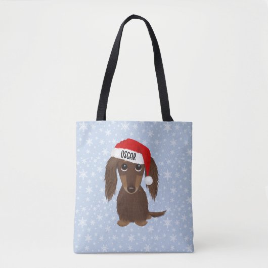 Langharige Chocolade Dachshund Santa Aangepaste Na Tote Bag (Voorkant)