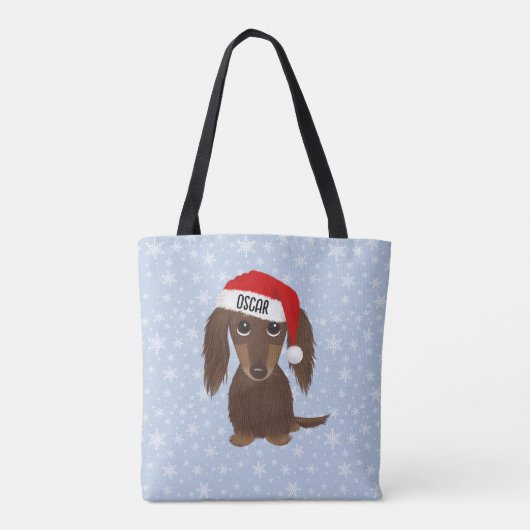 Langharige Chocolade Dachshund Santa Aangepaste Na Tote Bag (Achterkant)