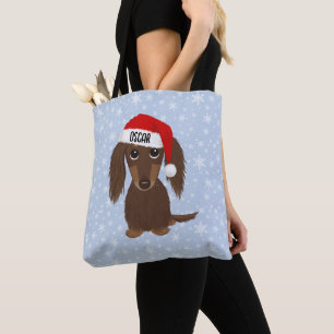 Langharige Chocolade Dachshund Santa Aangepaste Na Tote Bag
