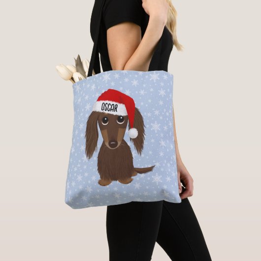 Langharige Chocolade Dachshund Santa Aangepaste Na Tote Bag (Dichtbij)