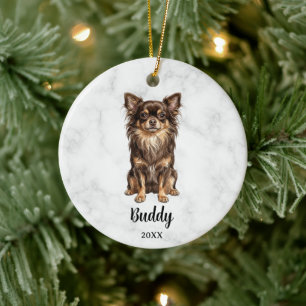 Langharige Chocoladebruine Chihuahua Hond Gedenkte Keramisch Ornament