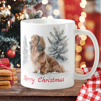 Langharige dachshond in de sneeuw Prettig kerstfee Koffiemok