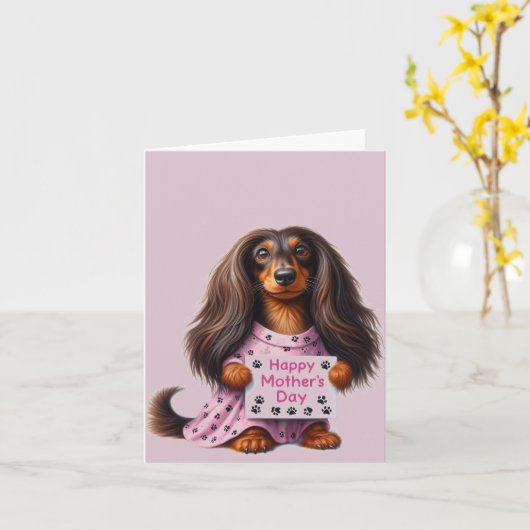 Langharige Dachshond Moederdag Kaart (Gele Bloem)