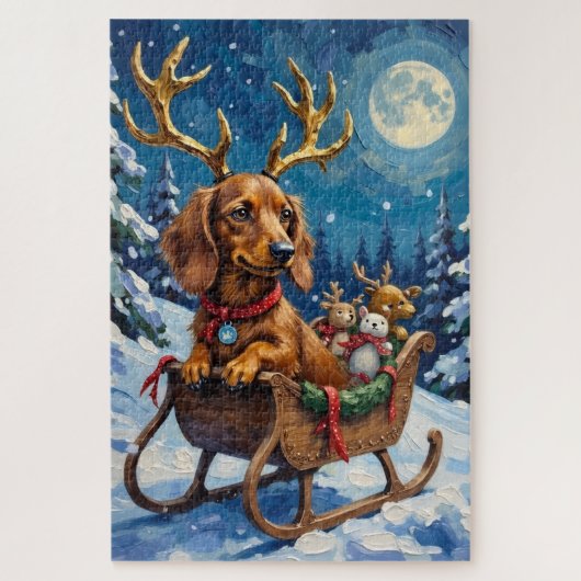 Langharige Dachshond Rendier Slede Legpuzzel (Verticaal)