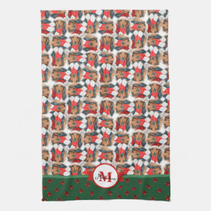 Langharige Dachshund Patroon Monogram Kersthond Theedoek