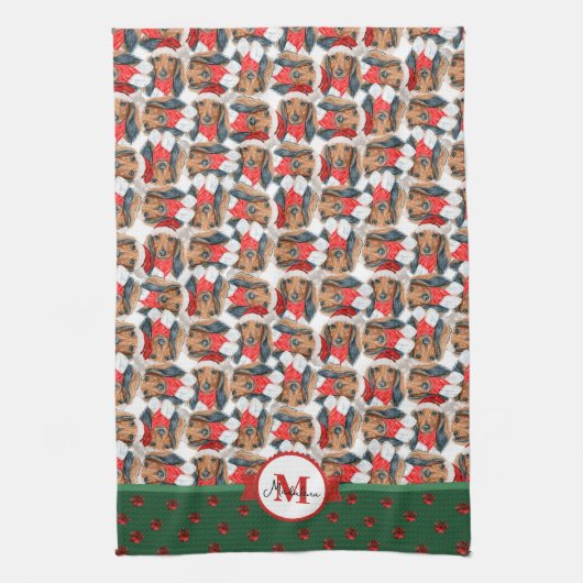 Langharige Dachshund Patroon Monogram Kersthond Theedoek (Verticaal)