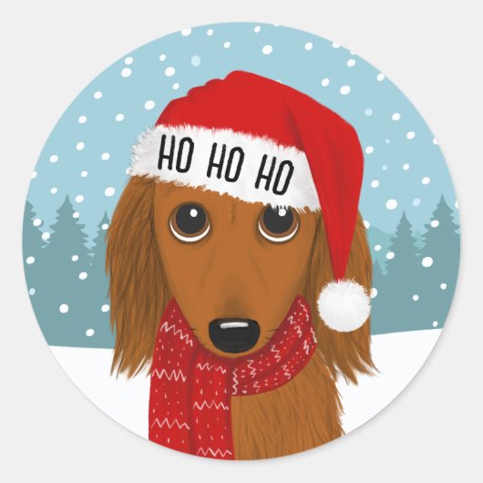 Langharige Dachshund Santa Kerstmis Hond Custom Ronde Sticker (Voorkant)