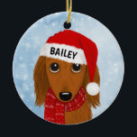 Langharige Dachshund Santa Wiener Hond Aangepaste  Keramisch Ornament<br><div class="desc">Een schattig langharig Dachshund kerstornament dat gepersonaliseerd kan worden met je eigen tekst. Voeg naam toe voor een leuk cadeau op maat. Maakt een schatrijk ornament om te laten zien op de kerstboom voor de komende jaren. Bezoek Jenn’s Doodle World voor nog meer vakantiegiften met dit schattige wiener hondenontwerp en...</div>