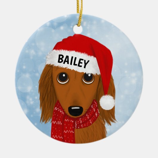 Langharige Dachshund Santa Wiener Hond Aangepaste Keramisch Ornament (Voorkant)