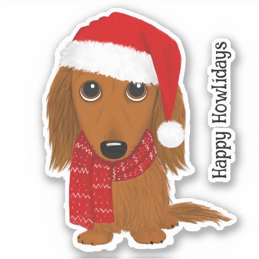 Langharige Dachshund Santa Wiener Hondenkerst Sticker (Voorkant)