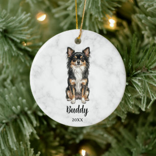 Langharige driekleurige Chihuahua naam hond gedenk Keramisch Ornament