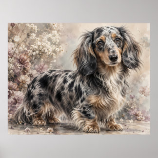 Langharige gevlekte Dachshund Aquarel Portret | Poster