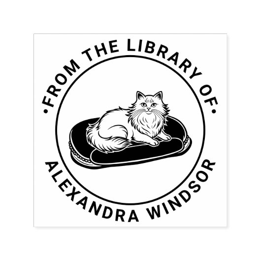 Langharige kat op bed Bibliotheek Boek Naam Zelfinktende Stempel (Design)